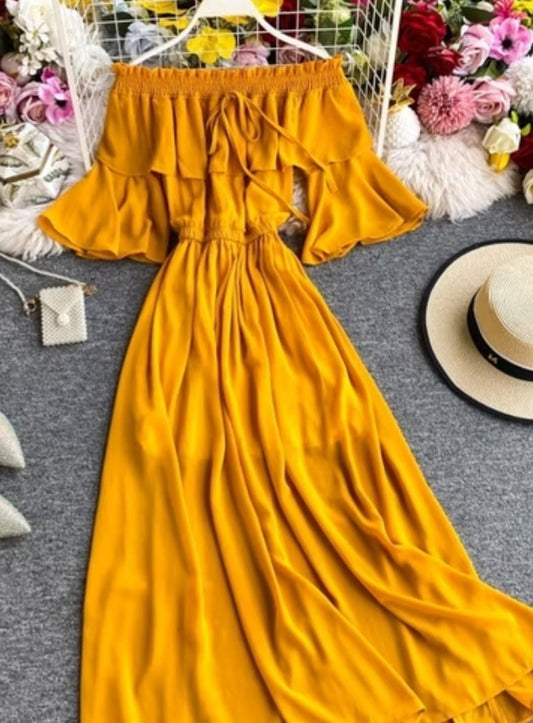 Mustard Off-Shoulder Maxi Dress